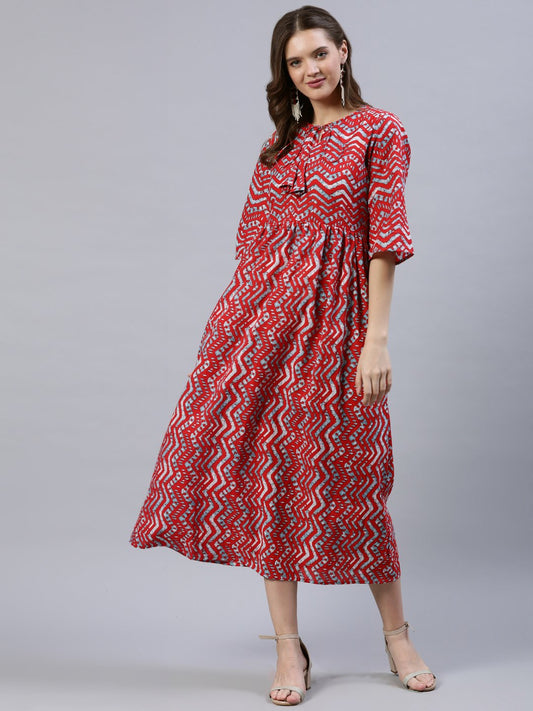 Women Red Zig-Zac Printed Dress With Three Quarter Sleeves | LASVINI - Redefining Indian Fashion with Elegance