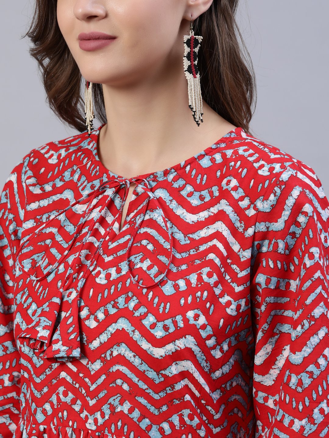 Women Red Zig-Zac Printed Dress With Three Quarter Sleeves | LASVINI - Redefining Indian Fashion with Elegance