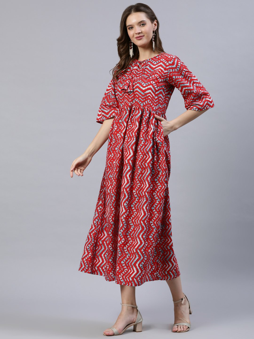 Women Red Zig-Zac Printed Dress With Three Quarter Sleeves | LASVINI - Redefining Indian Fashion with Elegance