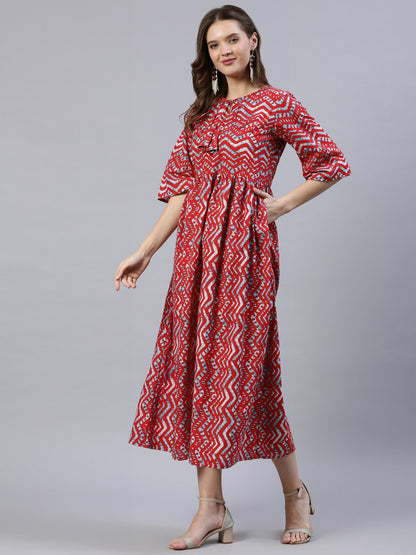 Women Red Zig-Zac Printed Dress With Three Quarter Sleeves | LASVINI - Redefining Indian Fashion with Elegance