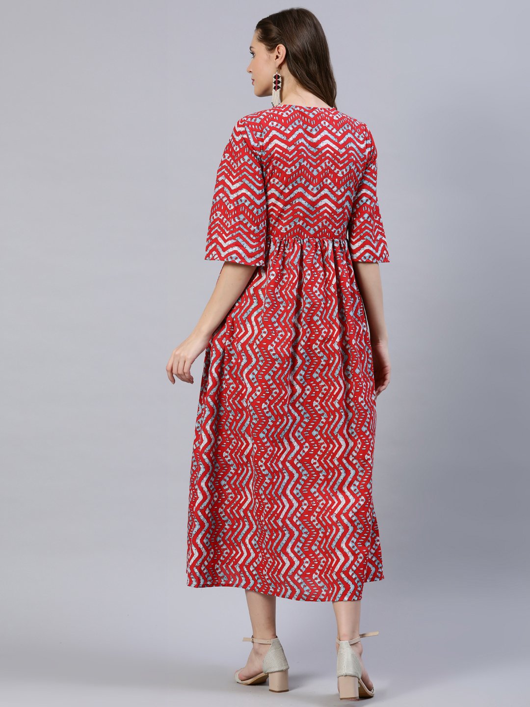 Women Red Zig-Zac Printed Dress With Three Quarter Sleeves | LASVINI - Redefining Indian Fashion with Elegance