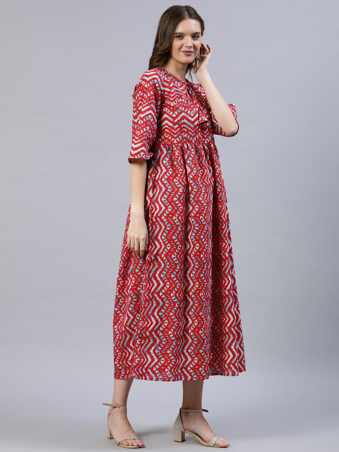 Women Red Zig-Zac Printed Dress With Three Quarter Sleeves | LASVINI - Redefining Indian Fashion with Elegance
