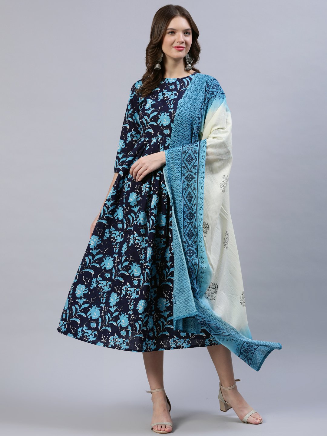Women Navy Blue Printed Dress With Dupatta | LASVINI - Redefining Indian Fashion with Elegance