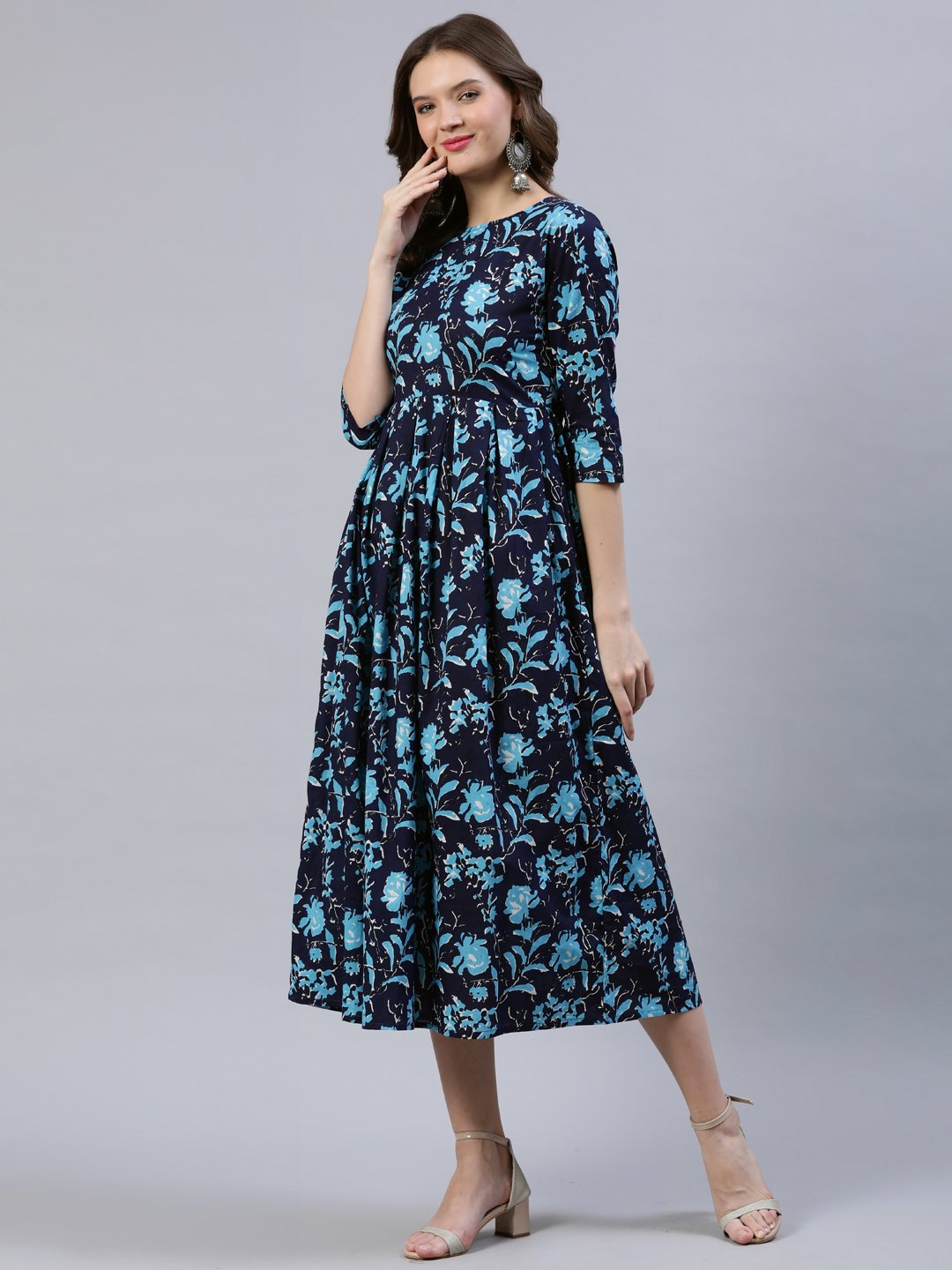 Women Navy Blue Printed Dress With Dupatta | LASVINI - Redefining Indian Fashion with Elegance