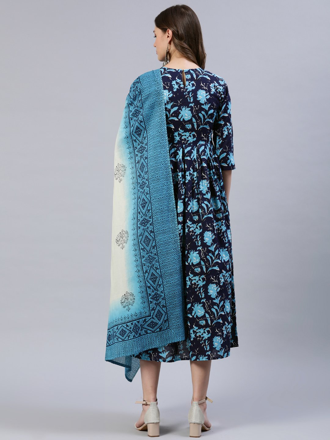 Women Navy Blue Printed Dress With Dupatta | LASVINI - Redefining Indian Fashion with Elegance