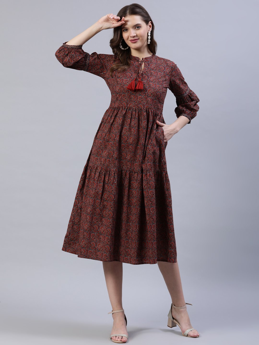 Women Maroon Printed Dress With Three Quarter Sleeves | LASVINI - Redefining Indian Fashion with Elegance