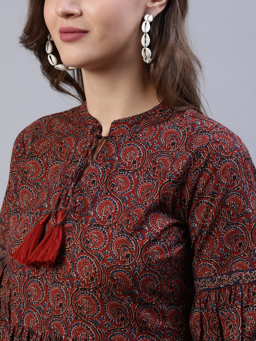 Women Maroon Printed Dress With Three Quarter Sleeves | LASVINI - Redefining Indian Fashion with Elegance