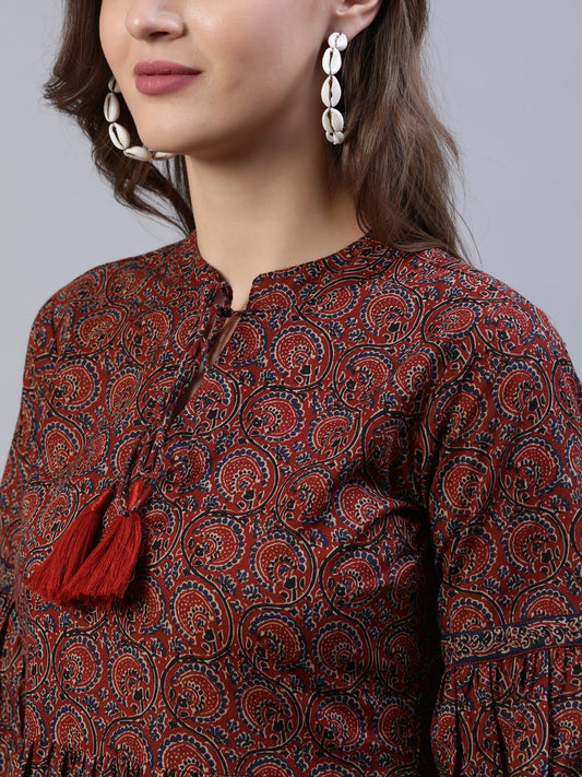 Women Maroon Printed Dress With Three Quarter Sleeves | LASVINI - Redefining Indian Fashion with Elegance