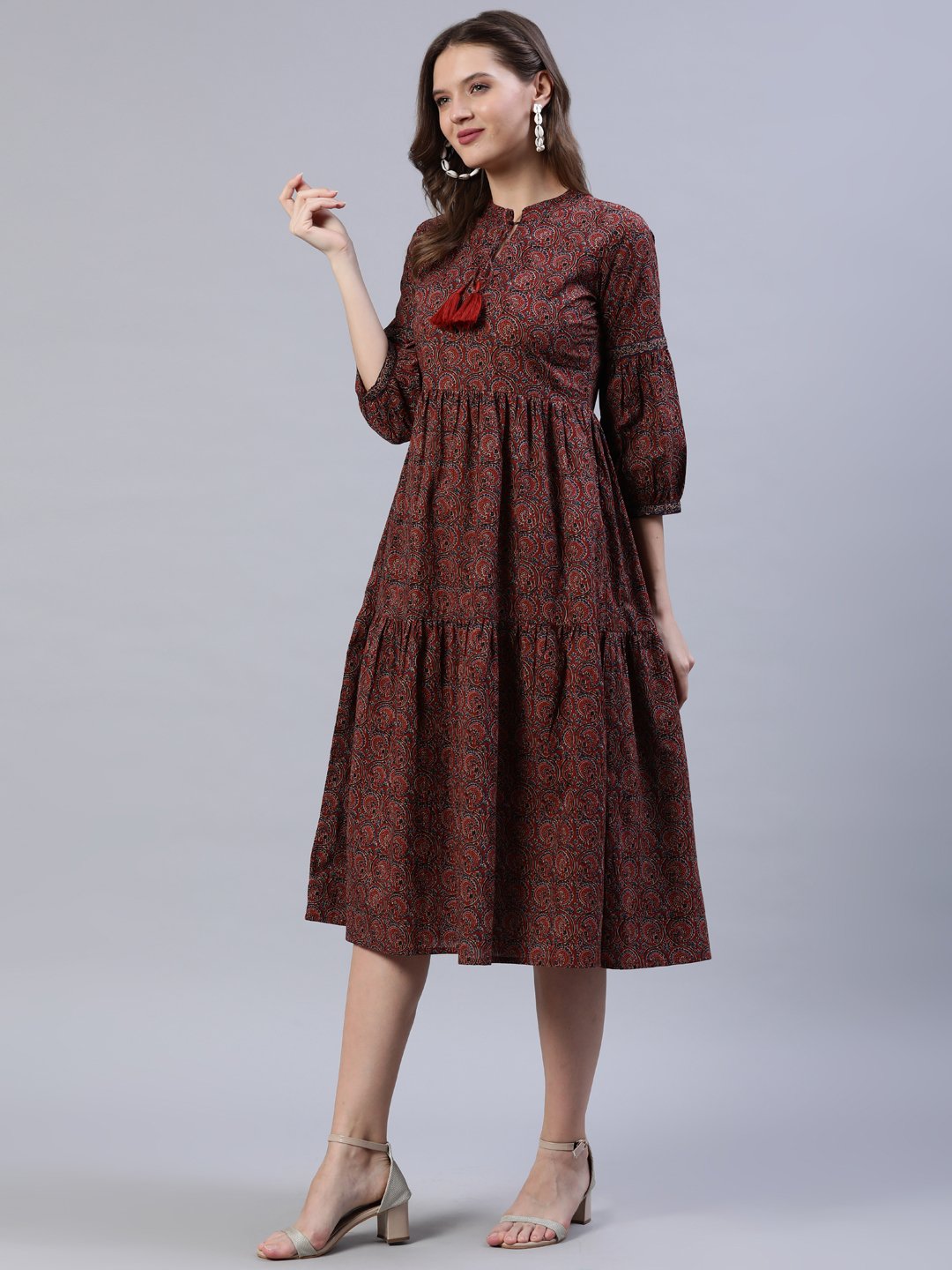 Women Maroon Printed Dress With Three Quarter Sleeves | LASVINI - Redefining Indian Fashion with Elegance