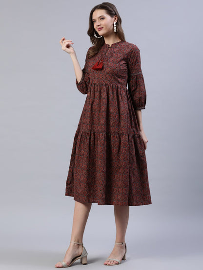 Women Maroon Printed Dress With Three Quarter Sleeves | LASVINI - Redefining Indian Fashion with Elegance