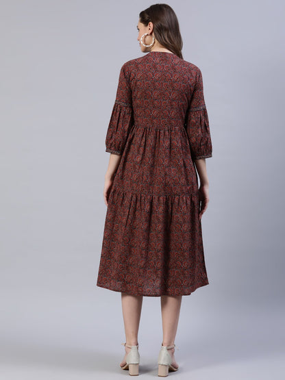 Women Maroon Printed Dress With Three Quarter Sleeves | LASVINI - Redefining Indian Fashion with Elegance