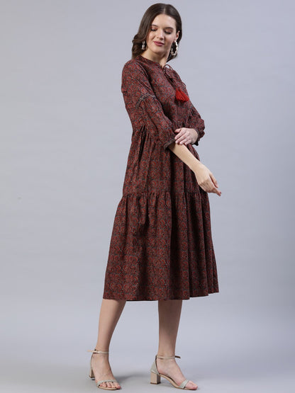 Women Maroon Printed Dress With Three Quarter Sleeves | LASVINI - Redefining Indian Fashion with Elegance