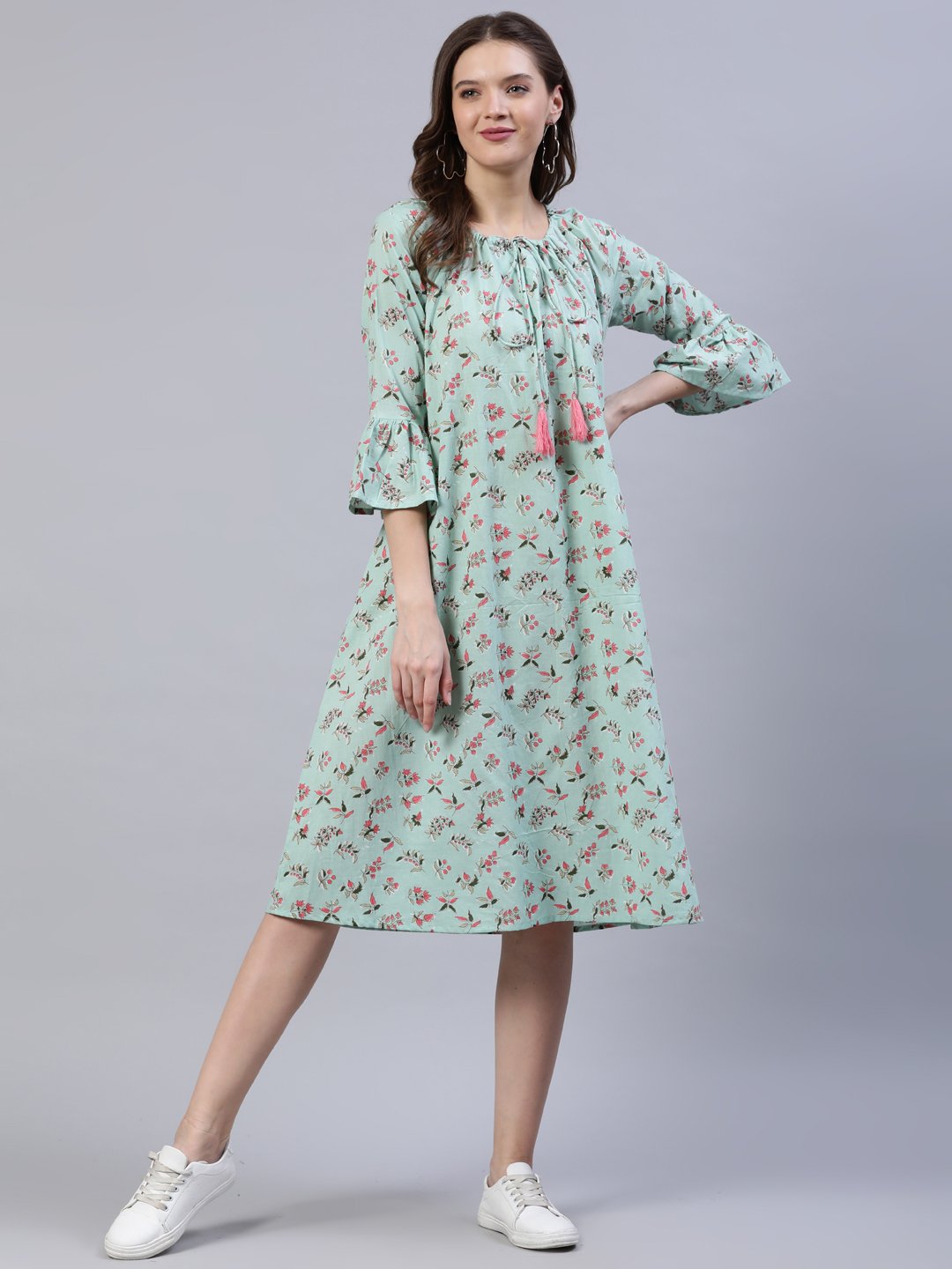 Women Pastel Green Printed Dress With Three Quarter Flared Sleeves | LASVINI - Redefining Indian Fashion with Elegance