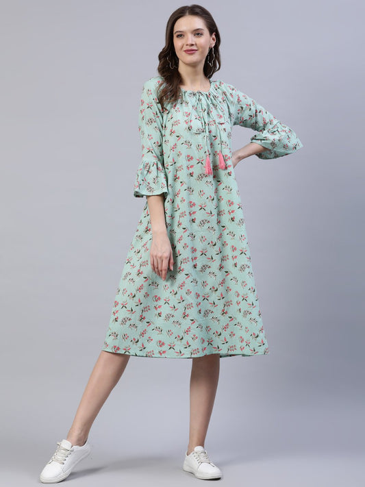 Women Pastel Green Printed Dress With Three Quarter Flared Sleeves | LASVINI - Redefining Indian Fashion with Elegance