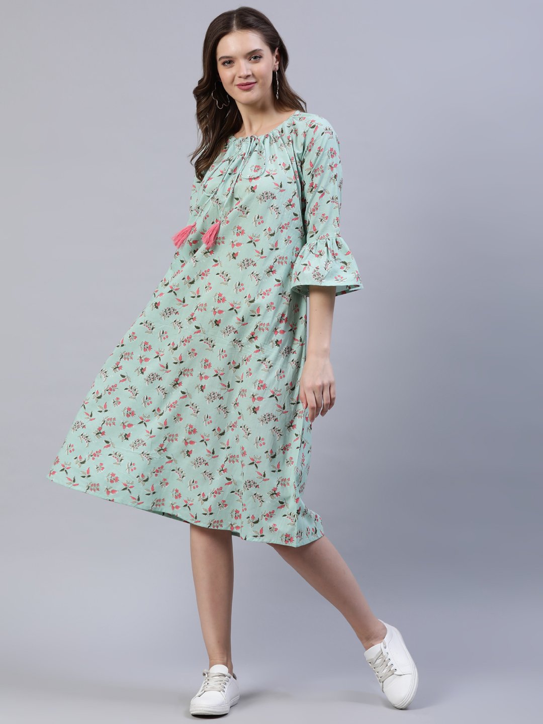 Women Pastel Green Printed Dress With Three Quarter Flared Sleeves | LASVINI - Redefining Indian Fashion with Elegance