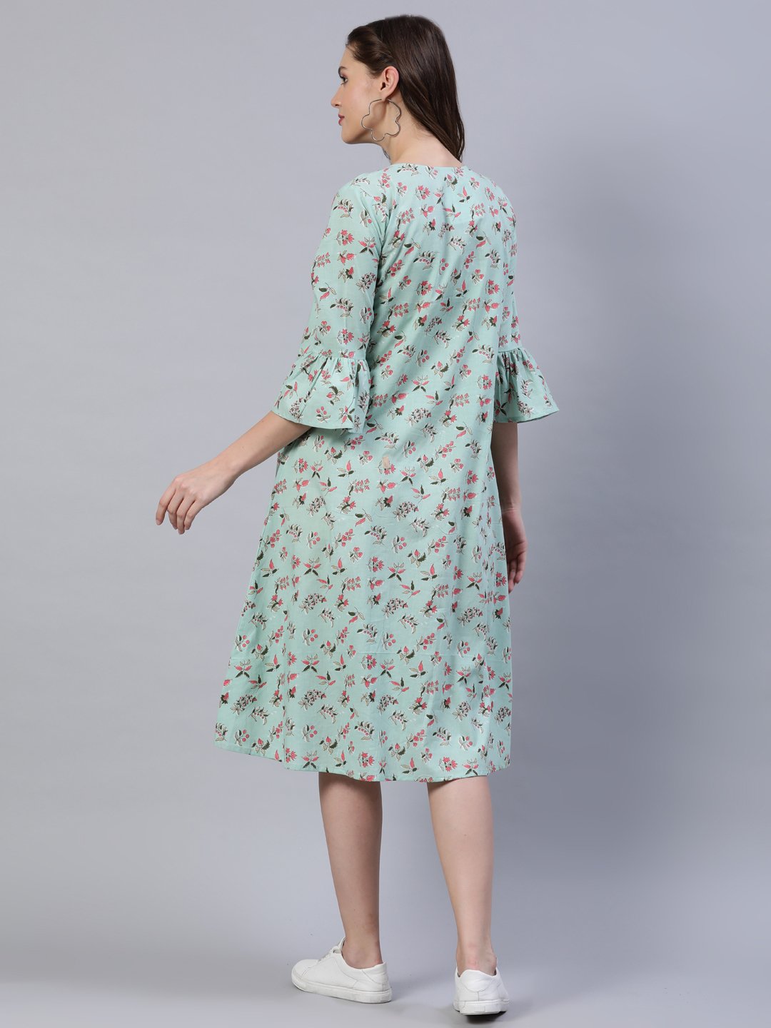 Women Pastel Green Printed Dress With Three Quarter Flared Sleeves | LASVINI - Redefining Indian Fashion with Elegance