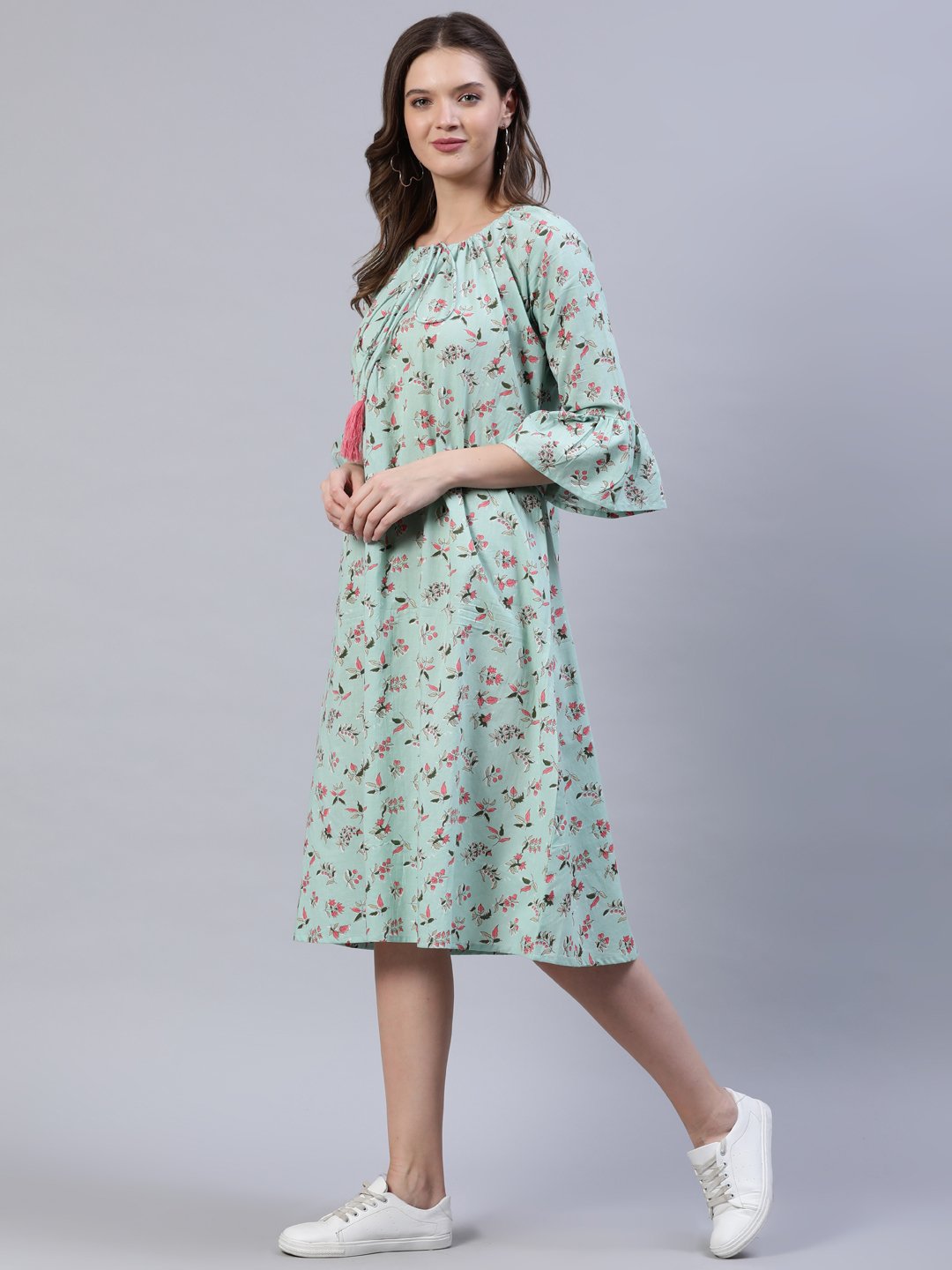 Women Pastel Green Printed Dress With Three Quarter Flared Sleeves | LASVINI - Redefining Indian Fashion with Elegance