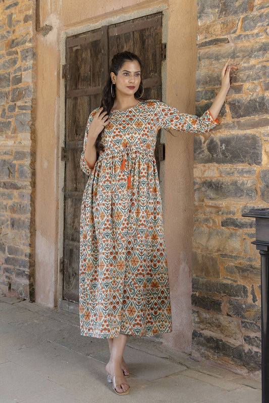 Women Off-White Printed Dress With Three Quarter Sleeves | LASVINI - Redefining Indian Fashion with Elegance
