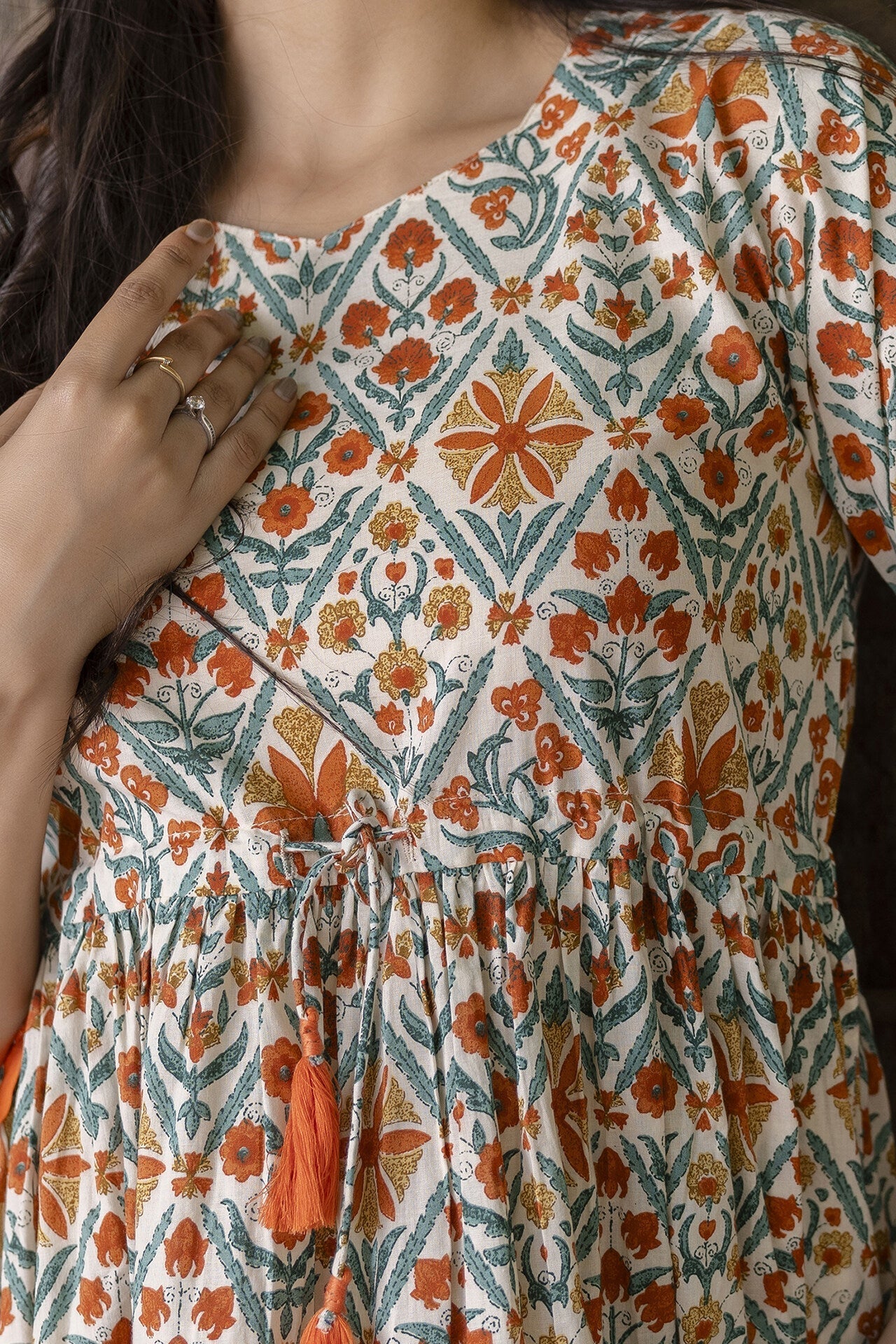 Women Off-White Printed Dress With Three Quarter Sleeves | LASVINI - Redefining Indian Fashion with Elegance