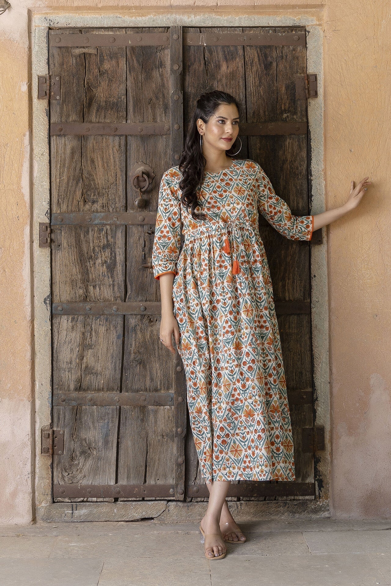 Women Off-White Printed Dress With Three Quarter Sleeves | LASVINI - Redefining Indian Fashion with Elegance
