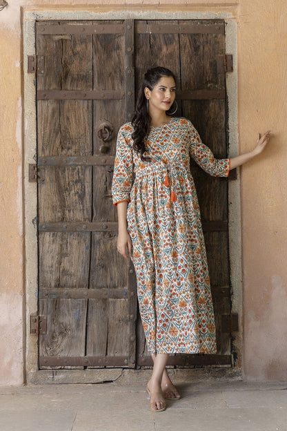 Women Off-White Printed Dress With Three Quarter Sleeves | LASVINI - Redefining Indian Fashion with Elegance