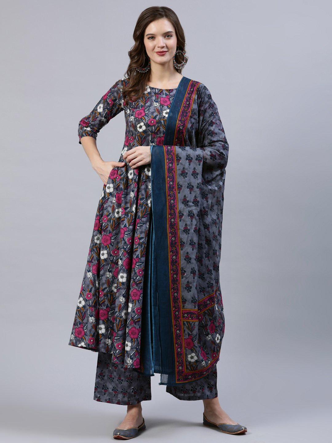 Women Grey Printed Flared Kurta With Palzo & Dupatta | LASVINI - Redefining Indian Fashion with Elegance
