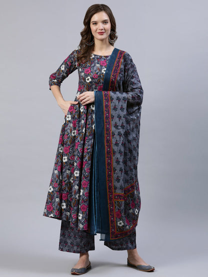 Women Grey Printed Flared Kurta With Palzo & Dupatta | LASVINI - Redefining Indian Fashion with Elegance