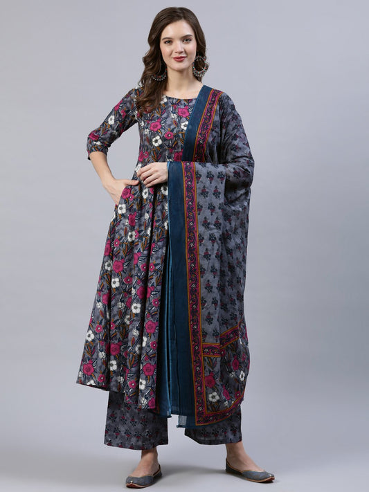 Women Grey Printed Flared Kurta With Palzo & Dupatta | LASVINI - Redefining Indian Fashion with Elegance
