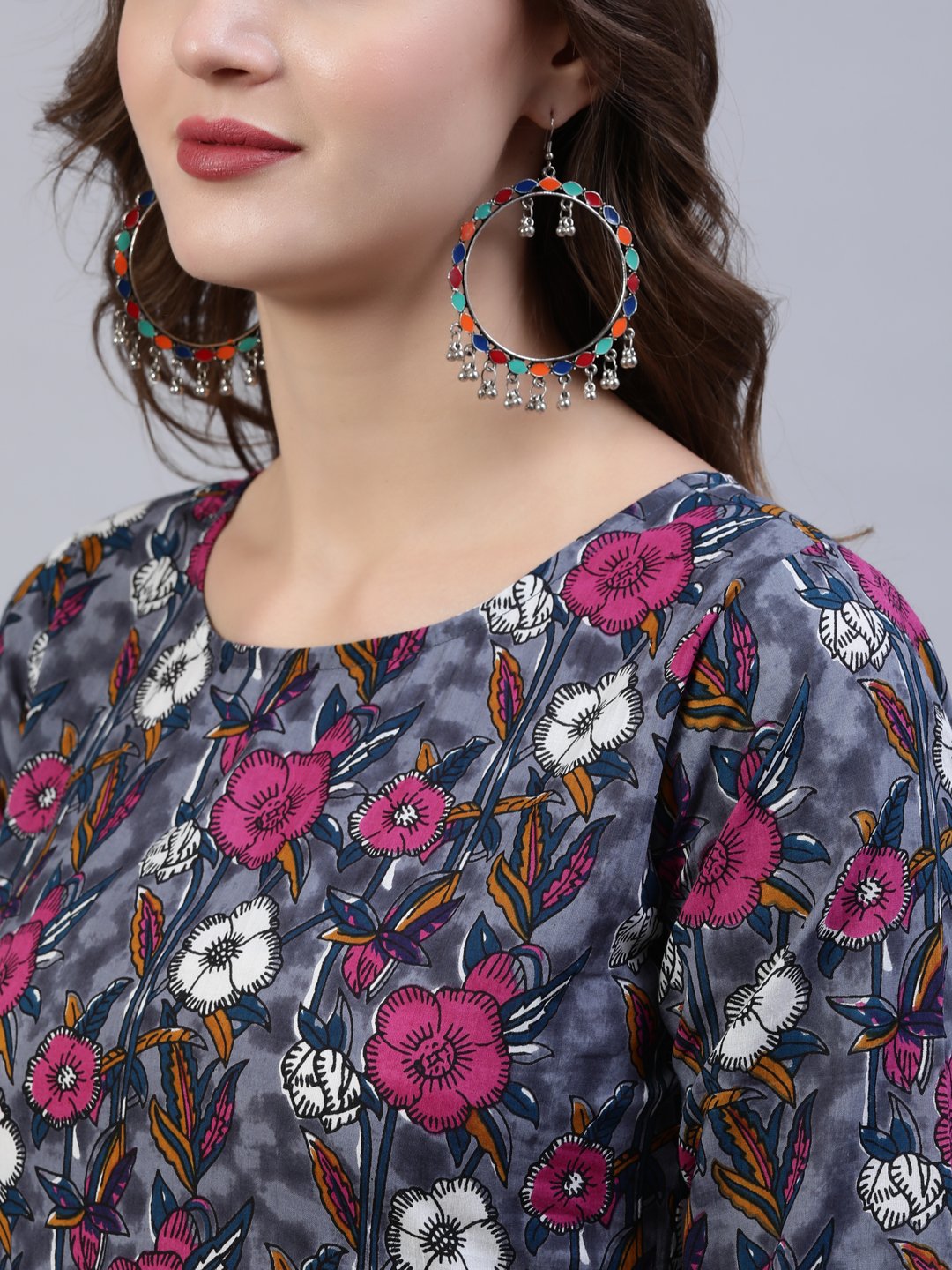 Women Grey Printed Flared Kurta With Palzo & Dupatta | LASVINI - Redefining Indian Fashion with Elegance