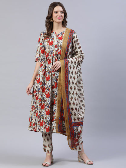 Women Off- White Printed Flared Kurta With Palzo & Dupatta | LASVINI - Redefining Indian Fashion with Elegance