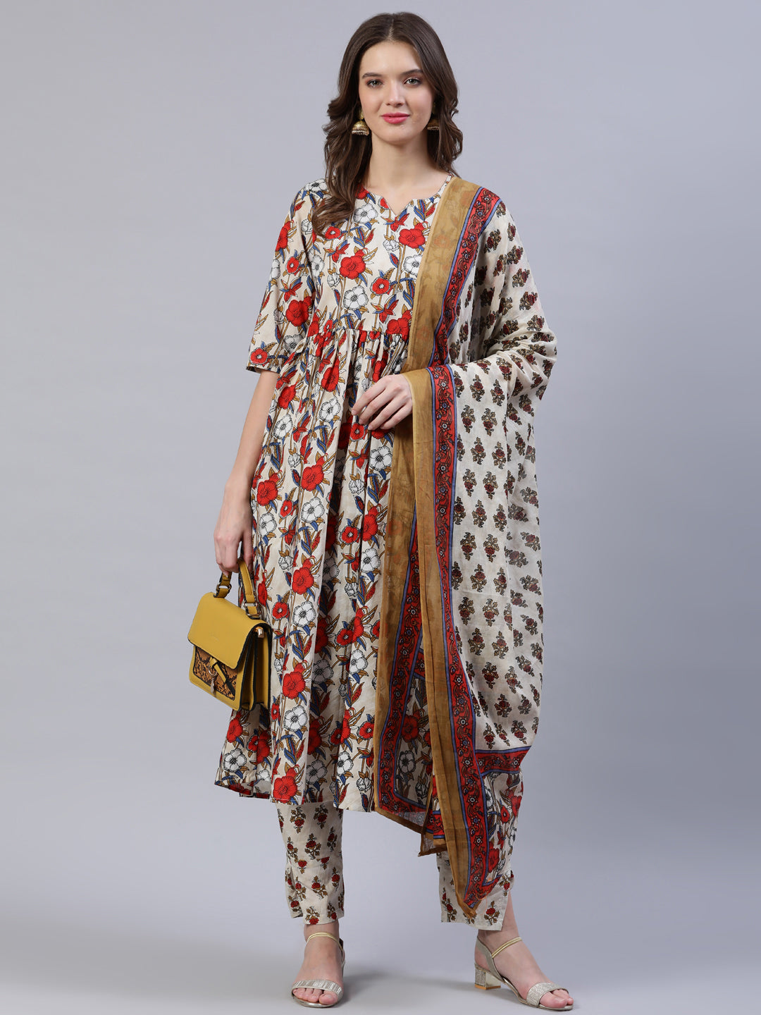 Women Off- White Printed Flared Kurta With Palzo & Dupatta | LASVINI - Redefining Indian Fashion with Elegance