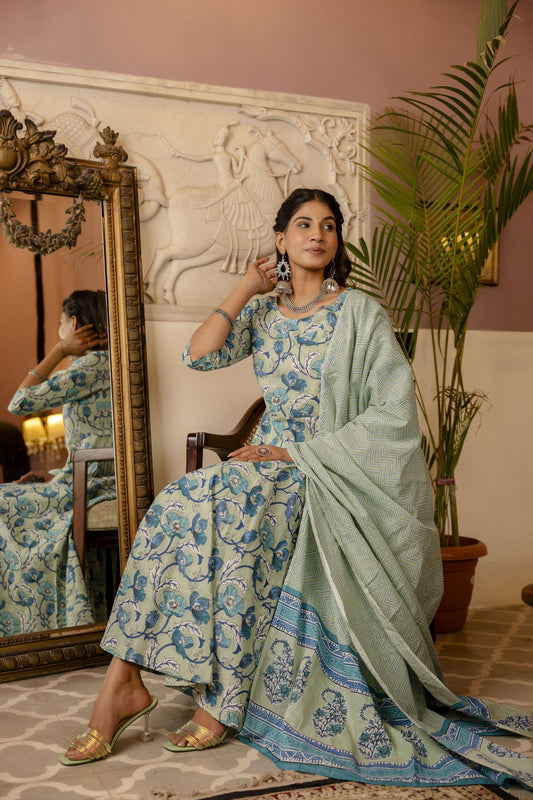 Women Sage Green Floral Printed Kurta With Trouser & Dupatta | LASVINI - Redefining Indian Fashion with Elegance