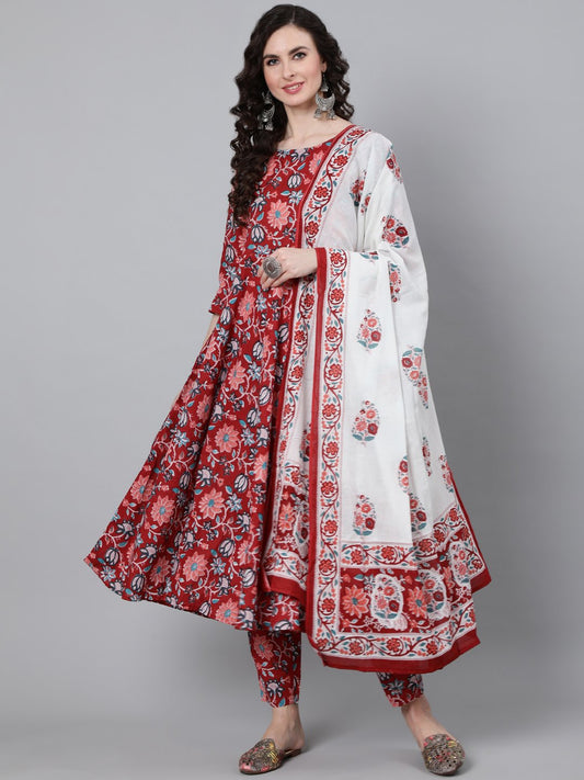 Women Red Floral Printed Kurta With Trouser & Dupatta | LASVINI - Redefining Indian Fashion with Elegance