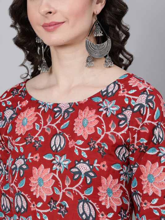 Women Red Floral Printed Kurta With Trouser & Dupatta | LASVINI - Redefining Indian Fashion with Elegance