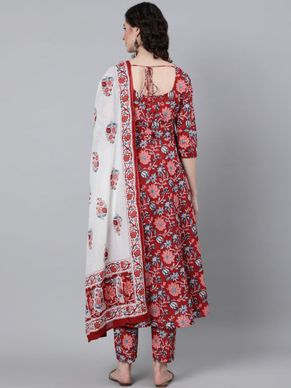 Women Red Floral Printed Kurta With Trouser & Dupatta | LASVINI - Redefining Indian Fashion with Elegance