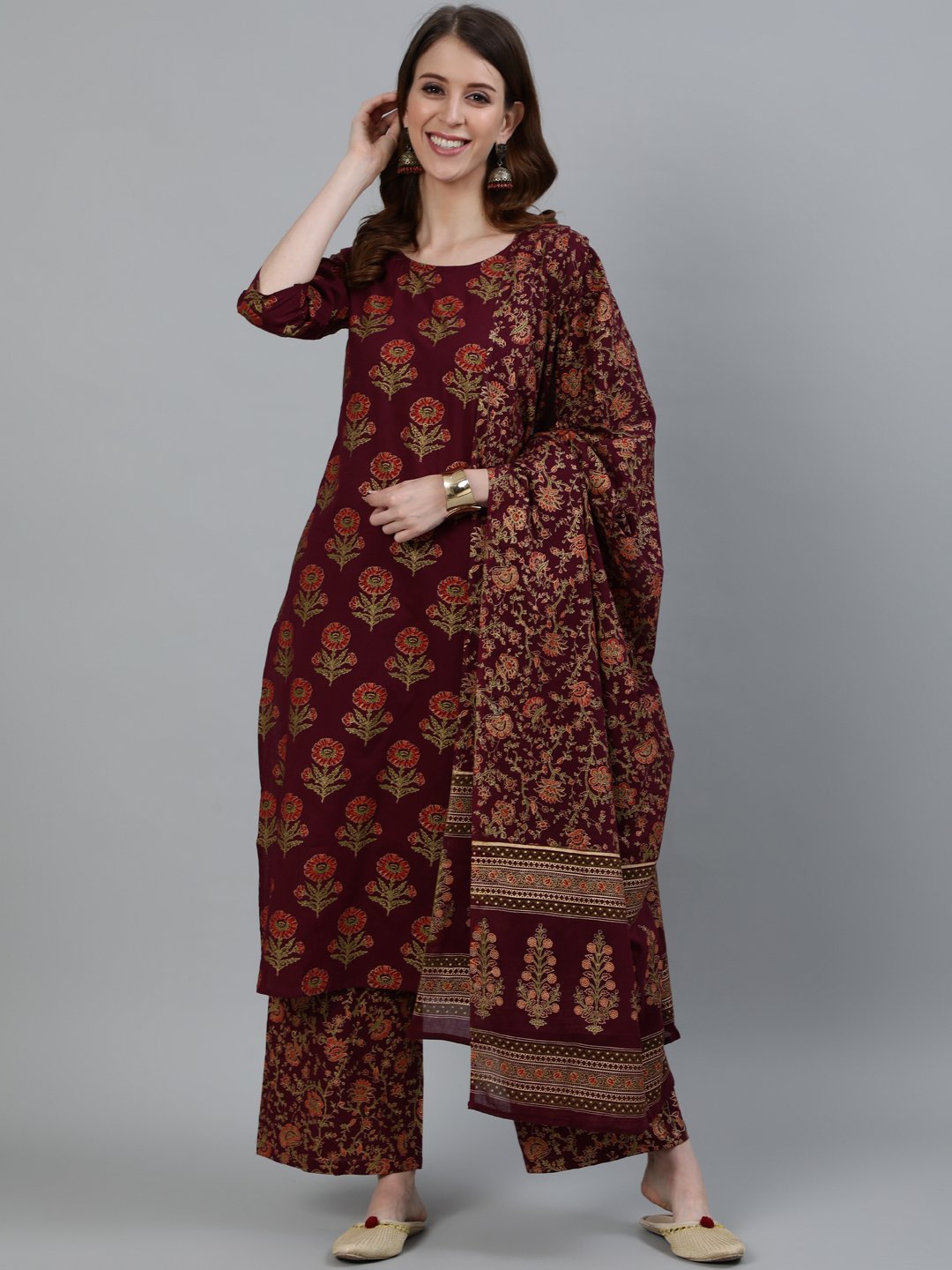Women Burgundy Floral Printed Pure Cotton Kurta & Palazzos With Dupatta | LASVINI - Redefining Indian Fashion with Elegance