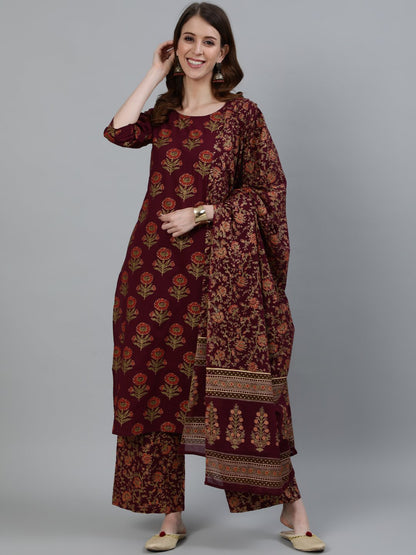 Women Burgundy Floral Printed Pure Cotton Kurta & Palazzos With Dupatta | LASVINI - Redefining Indian Fashion with Elegance