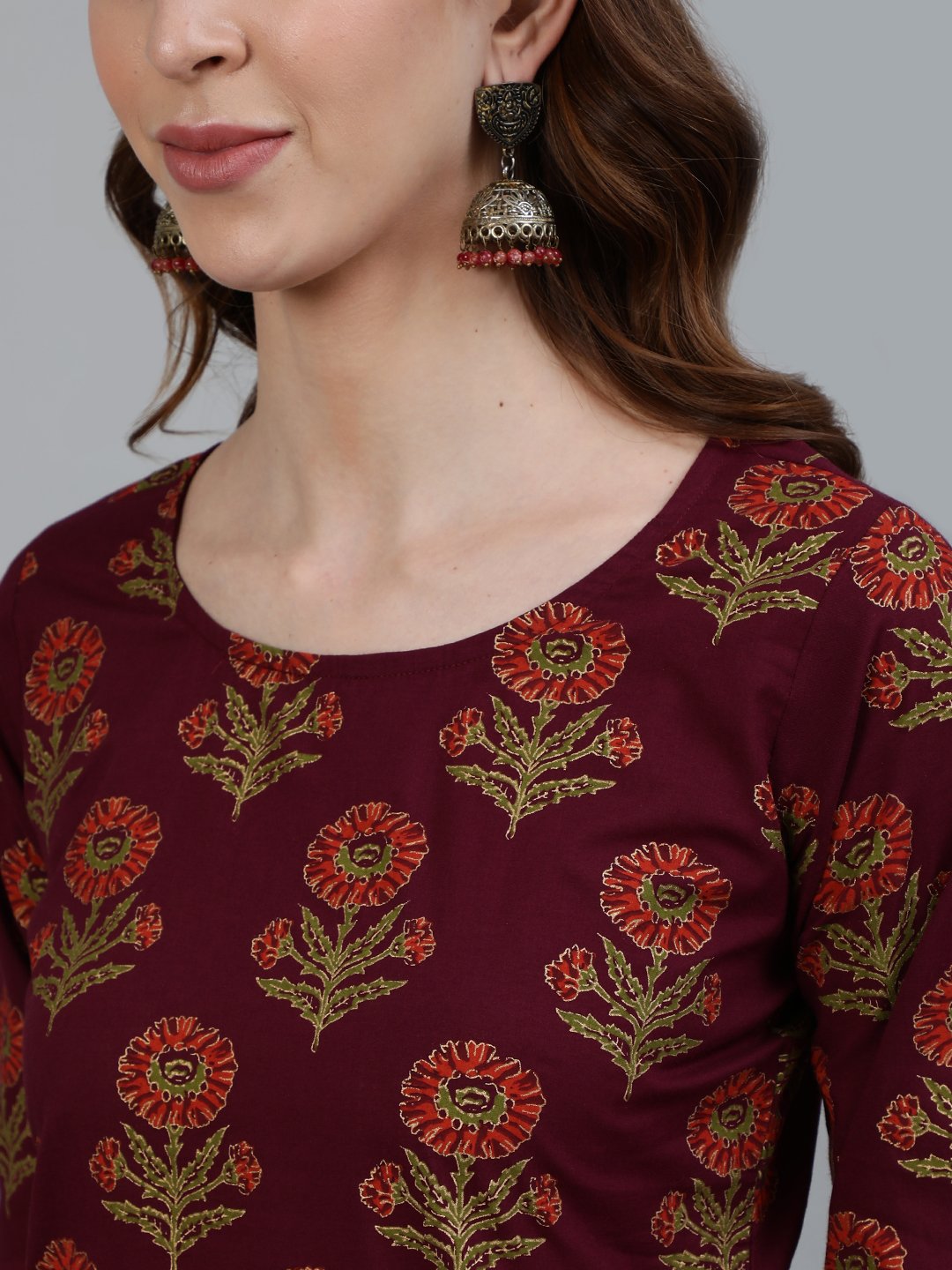 Women Burgundy Floral Printed Pure Cotton Kurta & Palazzos With Dupatta | LASVINI - Redefining Indian Fashion with Elegance