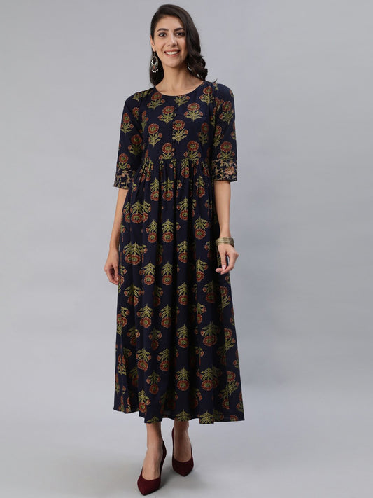 Women Navy Blue Printed Maxi Dress With Three Quarter Sleeves | LASVINI - Redefining Indian Fashion with Elegance