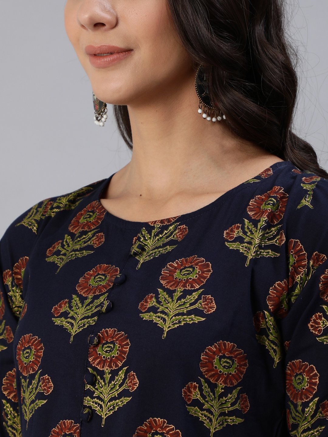 Women Navy Blue Printed Maxi Dress With Three Quarter Sleeves | LASVINI - Redefining Indian Fashion with Elegance