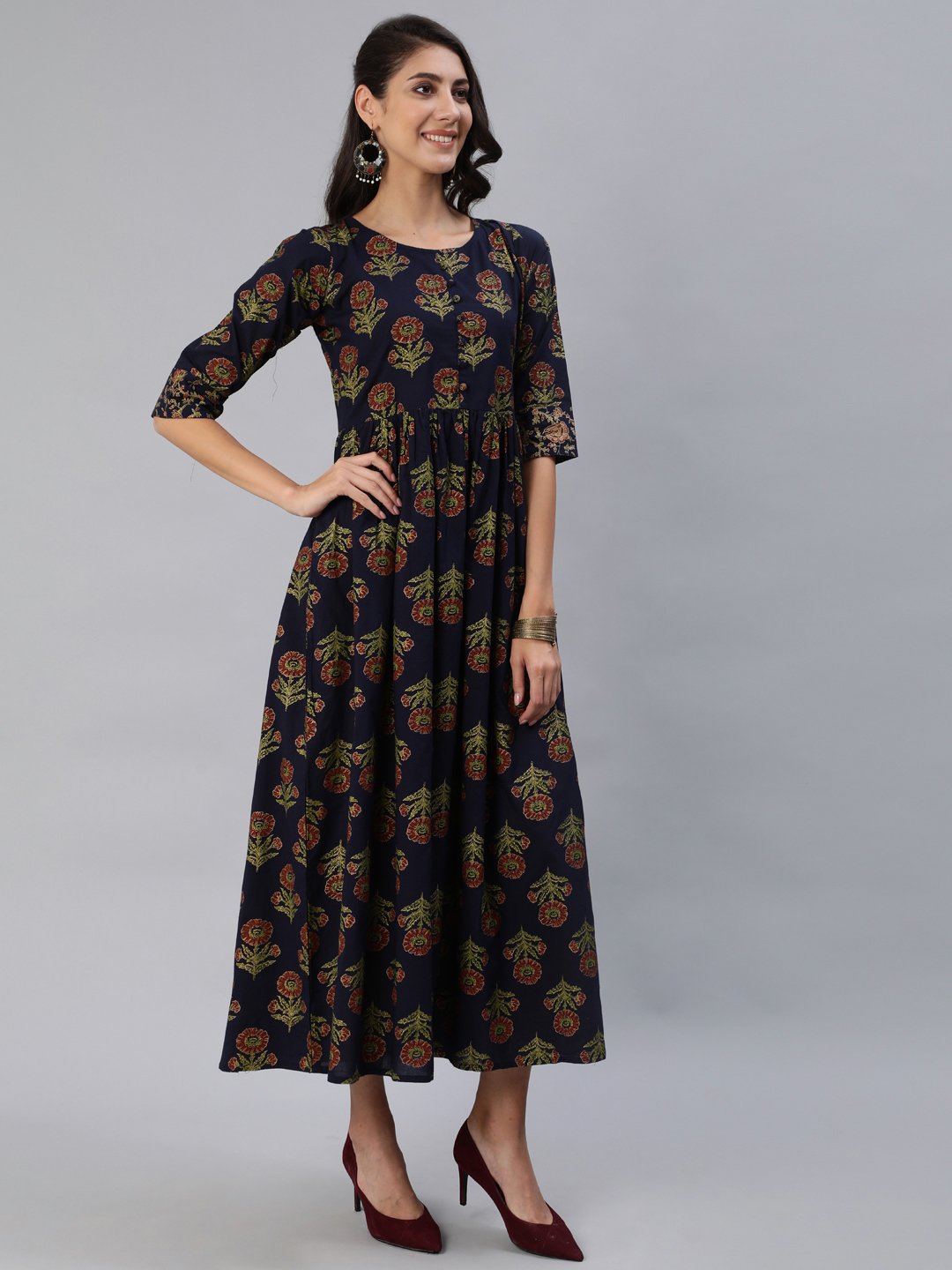 Women Navy Blue Printed Maxi Dress With Three Quarter Sleeves | LASVINI - Redefining Indian Fashion with Elegance