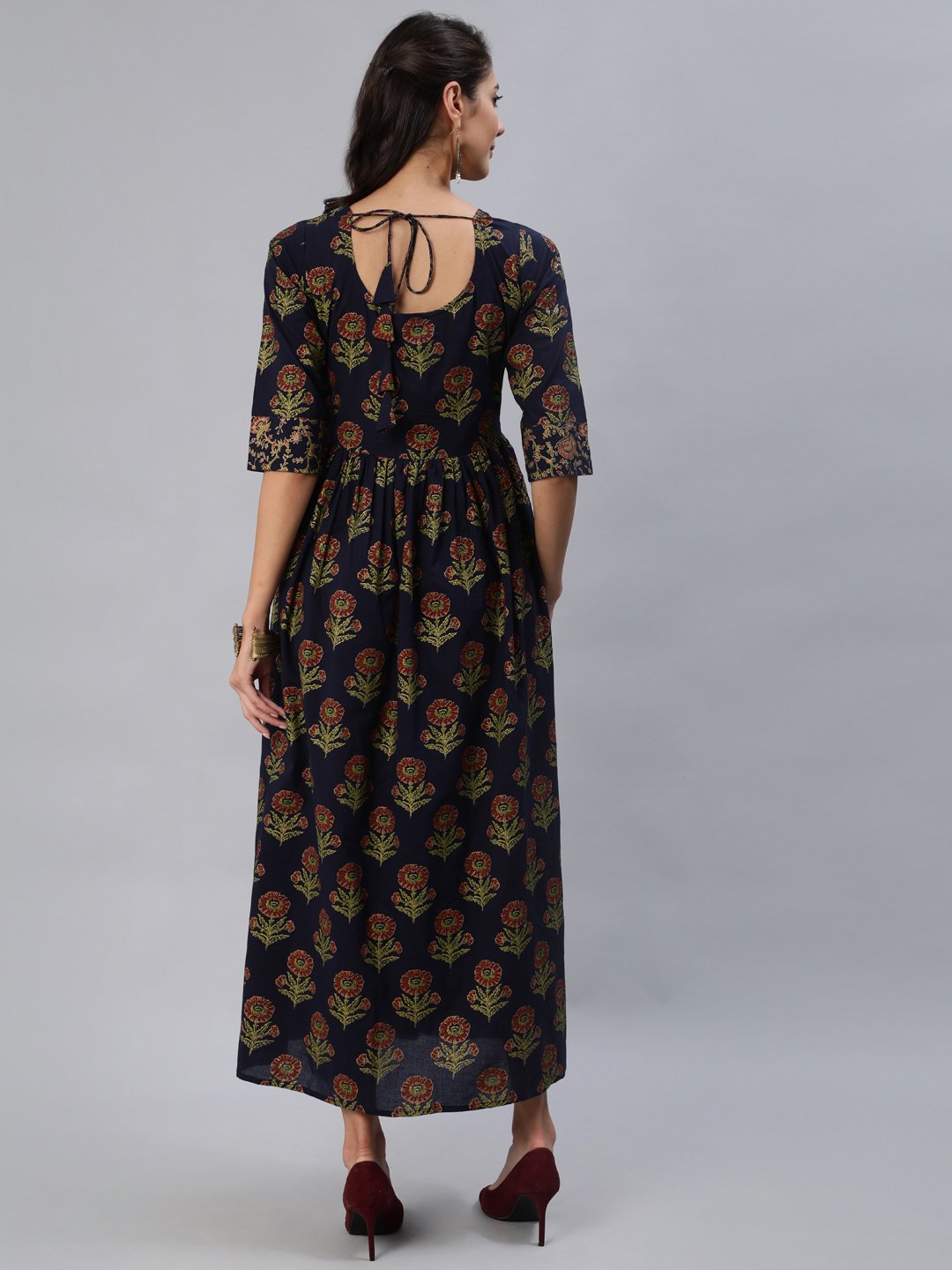 Women Navy Blue Printed Maxi Dress With Three Quarter Sleeves | LASVINI - Redefining Indian Fashion with Elegance