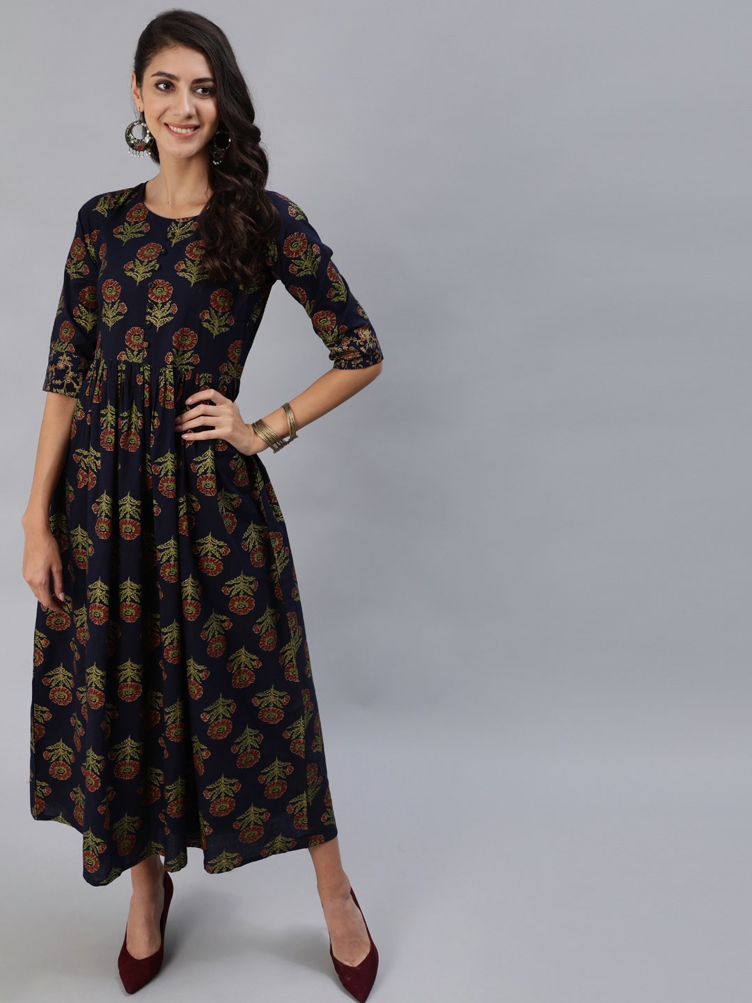 Women Navy Blue Printed Maxi Dress With Three Quarter Sleeves | LASVINI - Redefining Indian Fashion with Elegance
