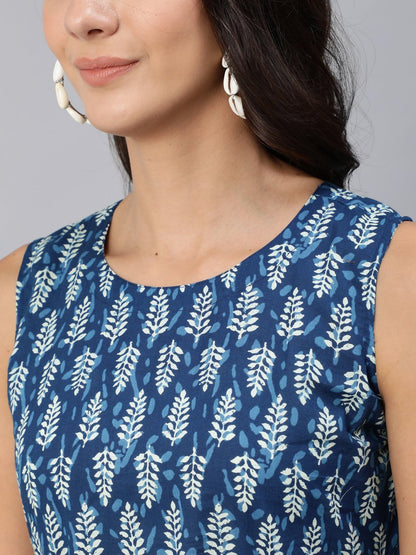 Women Blue Printed Sleeveless Dress | LASVINI - Redefining Indian Fashion with Elegance