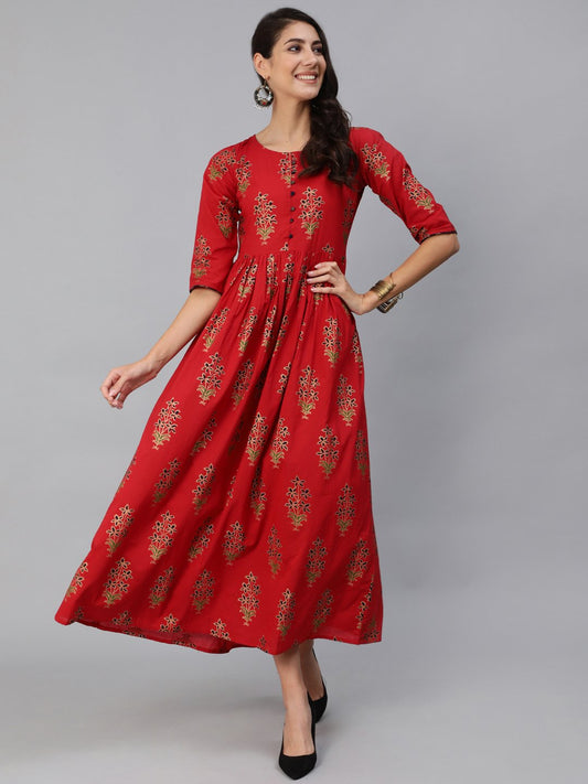 Women Red & Gold Printed Maxi Dress With Three Quarter Sleeves | LASVINI - Redefining Indian Fashion with Elegance