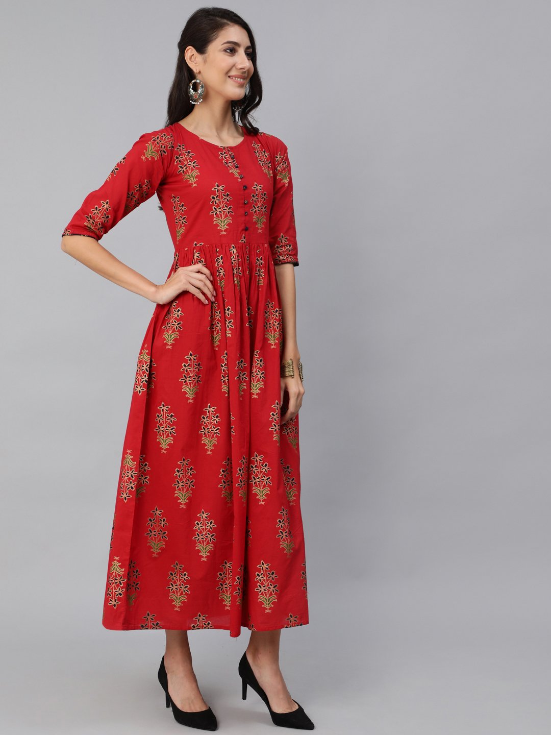 Women Red & Gold Printed Maxi Dress With Three Quarter Sleeves | LASVINI - Redefining Indian Fashion with Elegance