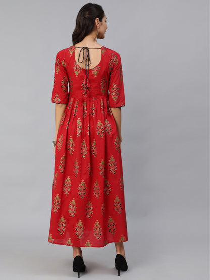 Women Red & Gold Printed Maxi Dress With Three Quarter Sleeves | LASVINI - Redefining Indian Fashion with Elegance