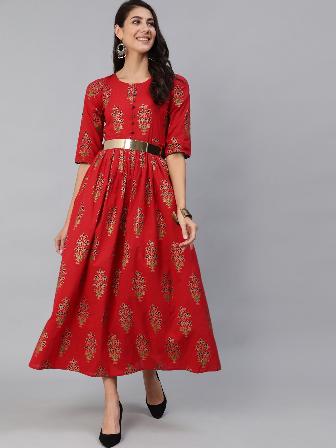 Women Red & Gold Printed Maxi Dress With Three Quarter Sleeves | LASVINI - Redefining Indian Fashion with Elegance