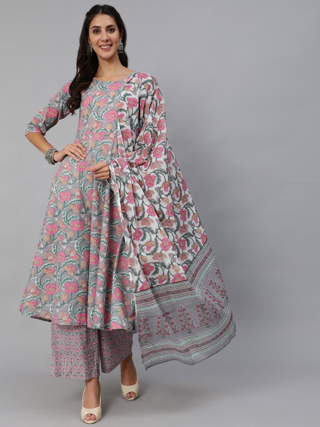 Women Grey Floral Printed Kurta Set With Palazo & Dupatta | LASVINI - Redefining Indian Fashion with Elegance