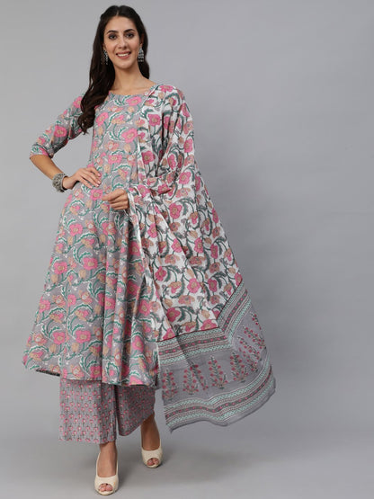 Women Grey Floral Printed Kurta Set With Palazo & Dupatta | LASVINI - Redefining Indian Fashion with Elegance